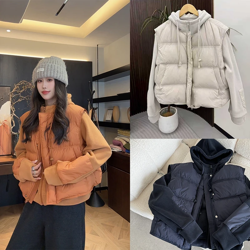 【白巧榛子】韩系保暖两件套：颗粒绒外套+马甲羽绒 时尚连帽套装女