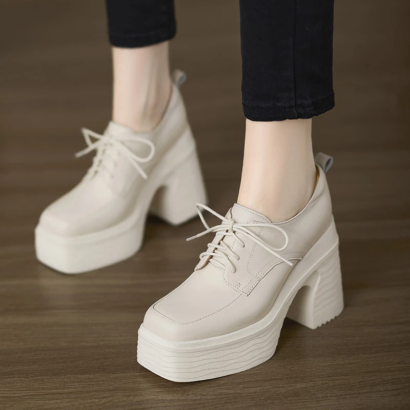 修悦手工女鞋春季新款米白色高跟鞋11cm粗跟厚底小皮鞋不累脚单鞋