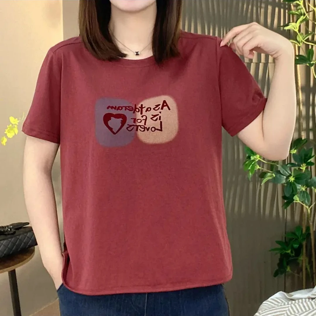 2025夏季新款圆领短袖时尚印花短袖T恤宽松遮肚显瘦夏季女士0511