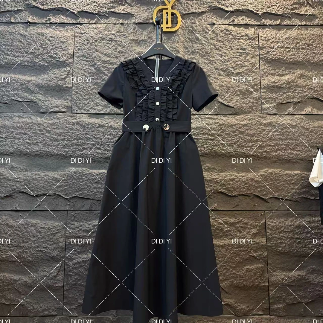 2025原创大码高定设计款黑色花领纽扣长裙套装高级休闲显瘦25123