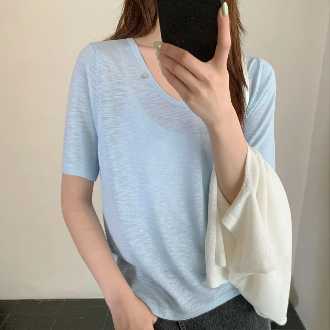【素简.500182】夏季新款竹节麻后背蕾丝拼接短袖洋气女装针织衫