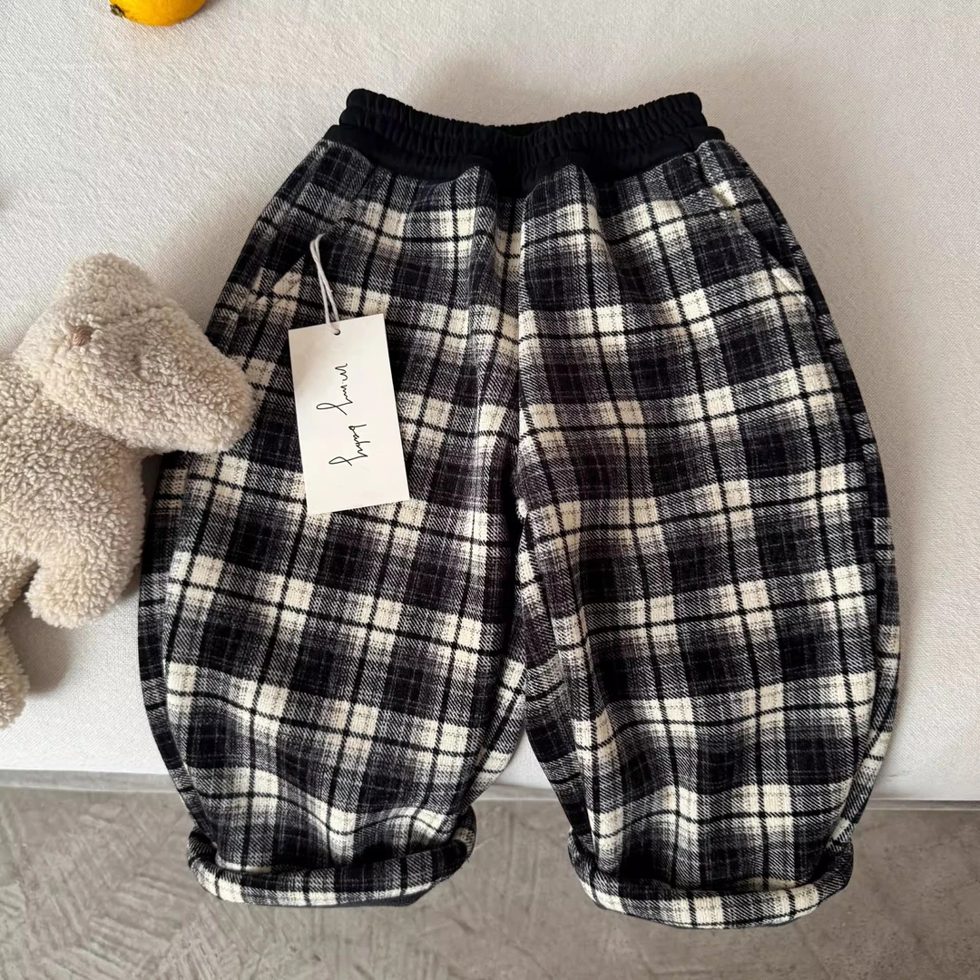 儿童加厚休闲裤韩版宝宝百搭长裤冬季新款男童口袋格子直筒裤加绒