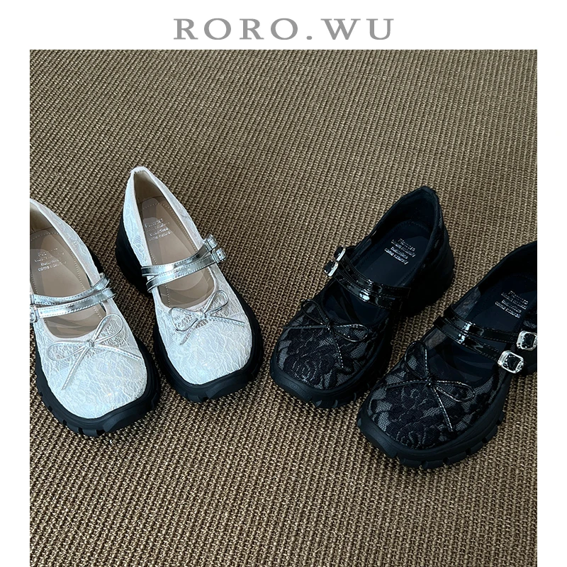 娆娆吴·牛皮夏季甜美减龄扣带网纱蝴蝶结高跟小个子百搭单鞋D712