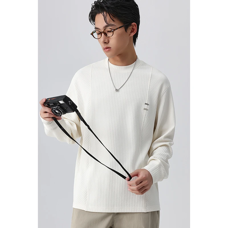 春秋新款分割拼接设计感长袖T恤男高级感青年百搭痞帅休闲打底衫