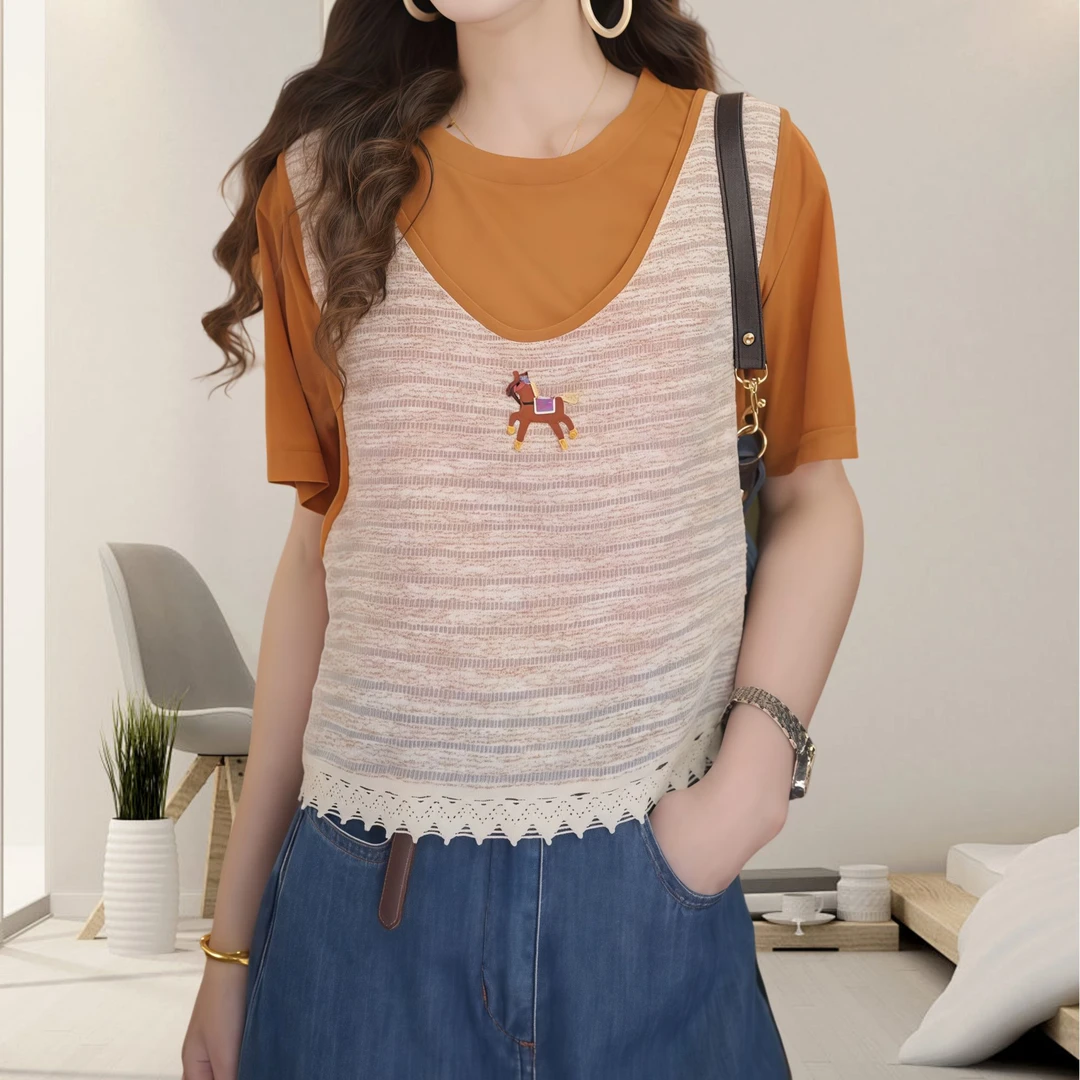 夏日T恤女假两件套装拼接2025新款常规版刺绣设计感宽松显瘦上衣