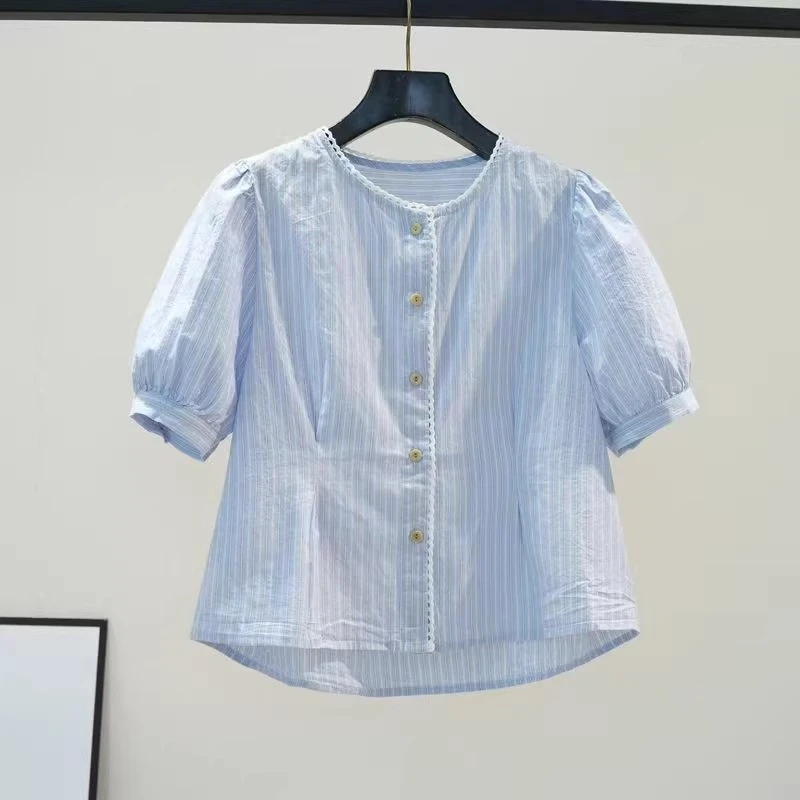 浅蓝色竖条纹棉衬衫女短款收腰衬衣2025夏季新品时尚泡泡袖上衣潮
