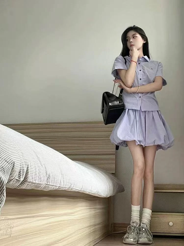 大码套装爆款百搭新款时尚套装减龄上衣半身裙短裙少女风7081