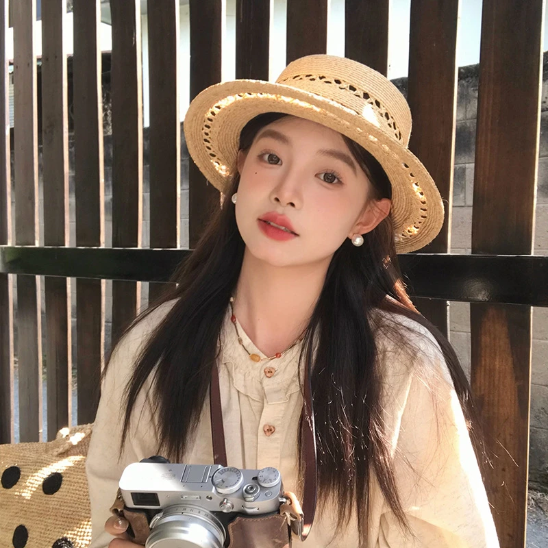 2025『拉菲草』手工编织平顶草帽子女2025新款夏防晒镂空优雅礼帽