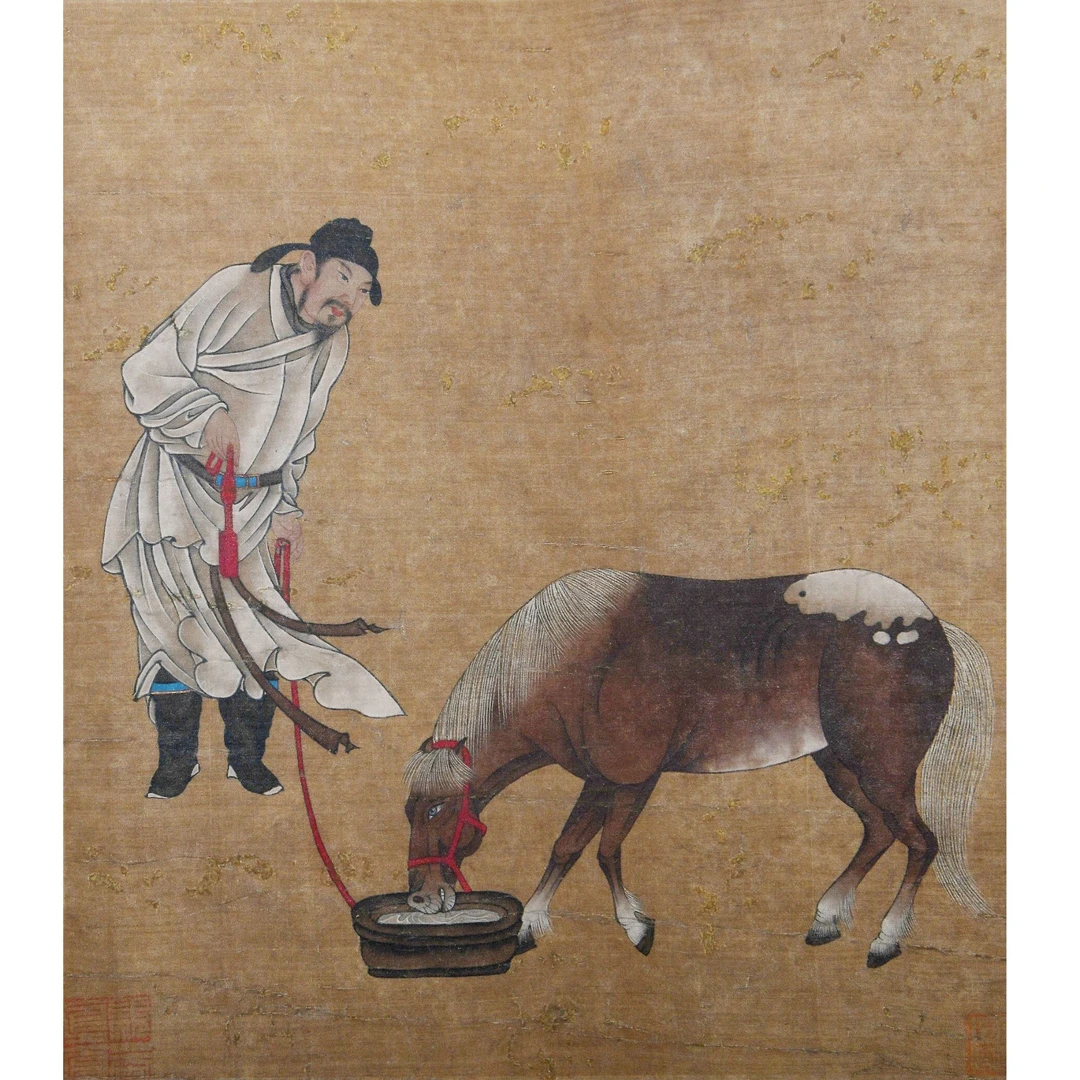 LOT.009【饮马图】绢本镜片B0502-135预展手绘专场