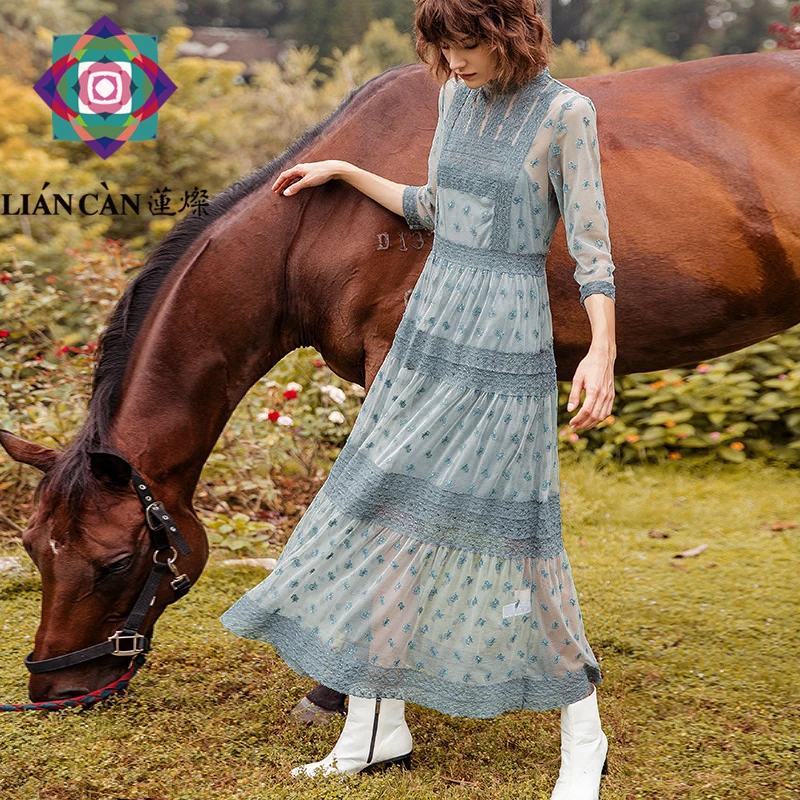 莲灿2024年春季七分袖时尚复古蕾丝长大摆连衣裙长裙女 71180300
