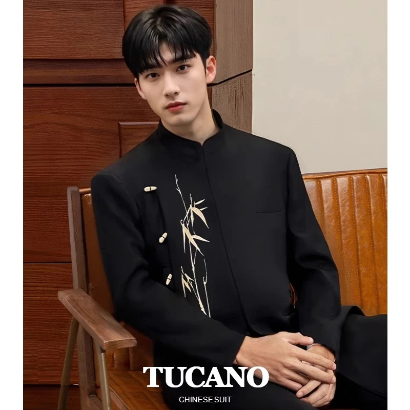 新中式立领中山装国风竹子刺绣时尚通勤西装外套男生穿搭唐装西服