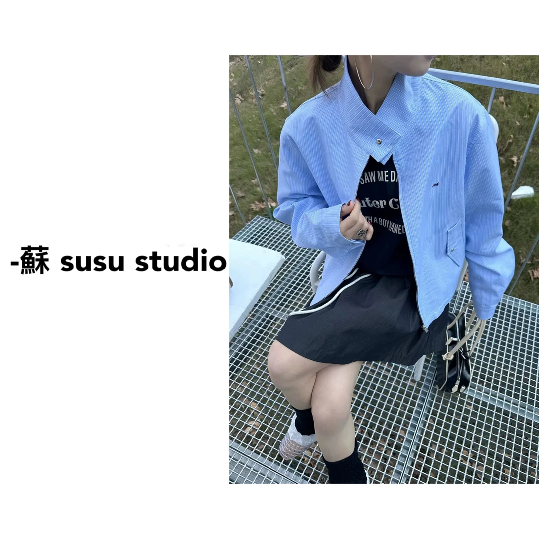 2589拼接竖条纹通勤百搭时尚简约女上衣