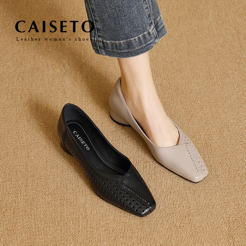 美段头层羊皮/3.5cm新款方头低跟真皮单鞋软底平底百搭女鞋D402