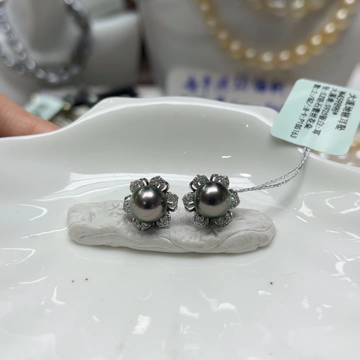 海水珍珠漏大溪地花瓣耳钉8-9mm银S925镶嵌