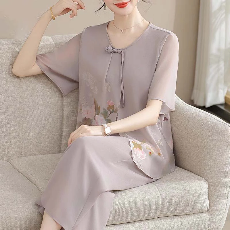 新中式妈妈夏季雪纺套装洋气中年妇女上衣中老年人女夏季短袖T恤