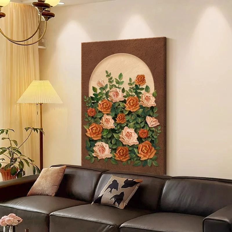 中古风客厅装饰画法式复古玫瑰花卉感壁画美式沙发背景墙挂画