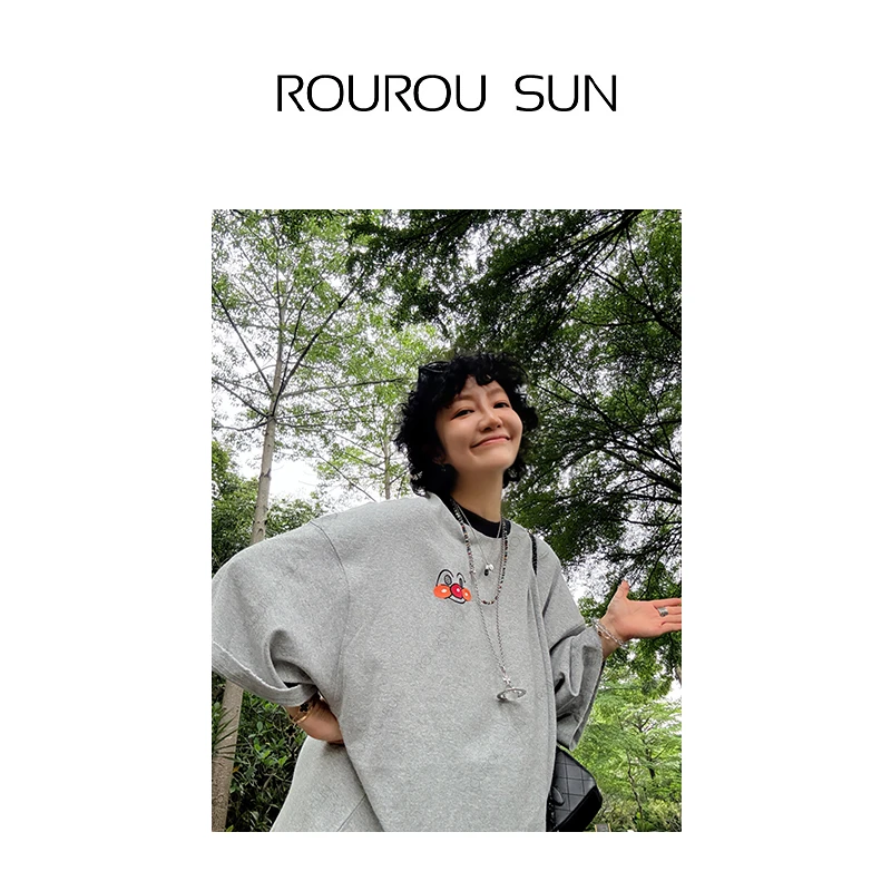 25706韩版休闲时尚减龄卡通毛巾绣宽松大码短袖T恤