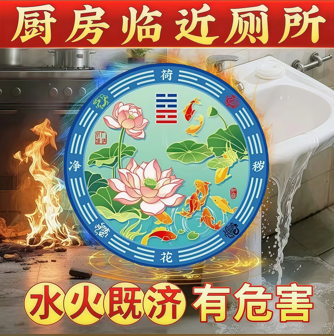 彩色荷花锦鲤图案卫生间墙贴自带背胶新房搬家消磁化污装饰贴