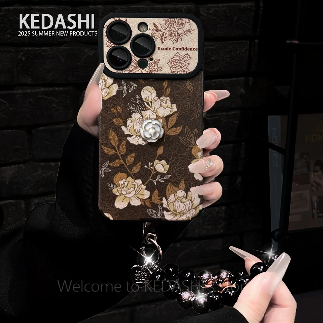 复古棕白花大视窗羊皮适用苹果17PROMAX华为VIVO/OPPO手链手机壳