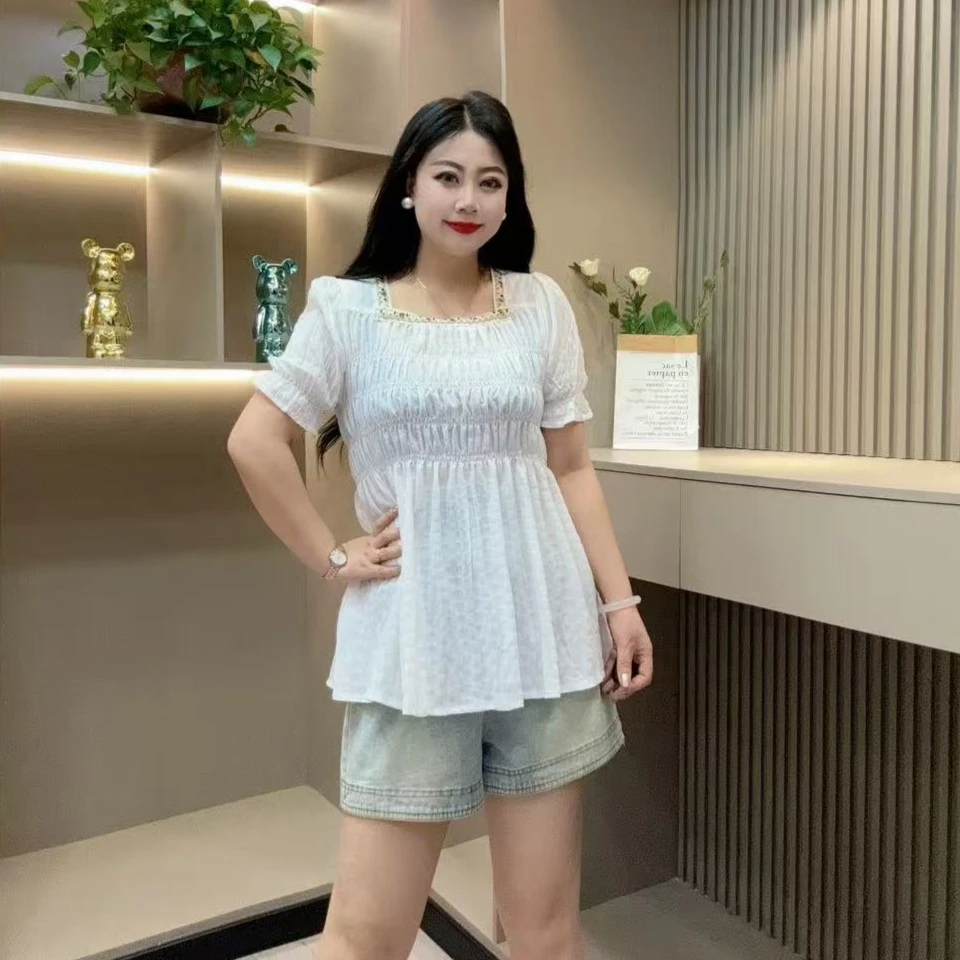 夏季半袖-檬 9303时尚潮流重工艺领口压褶收腰款胖MM大码女装新款