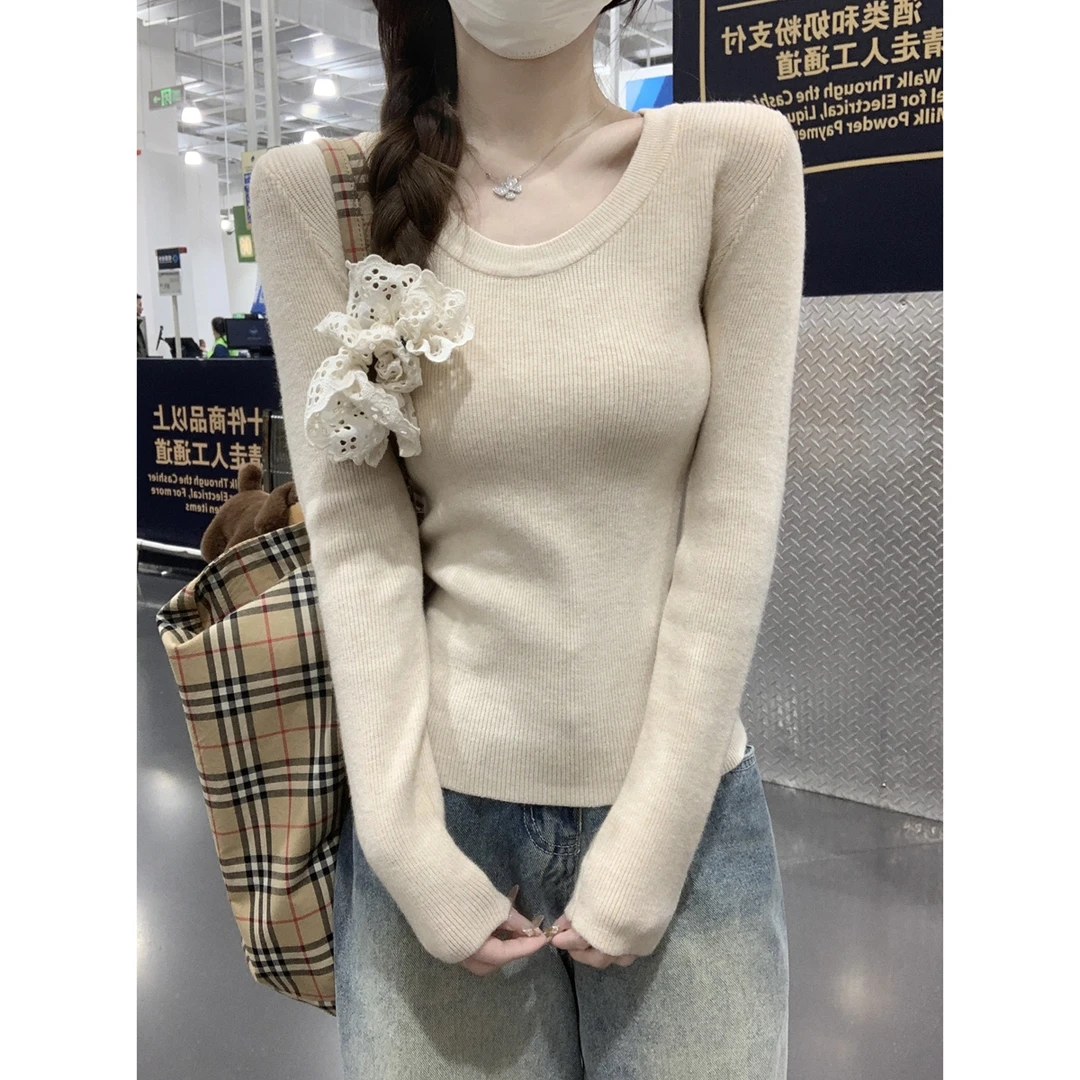 韩版纯欲u领内搭长袖针织衫女秋季修身软打底衫毛衣上衣