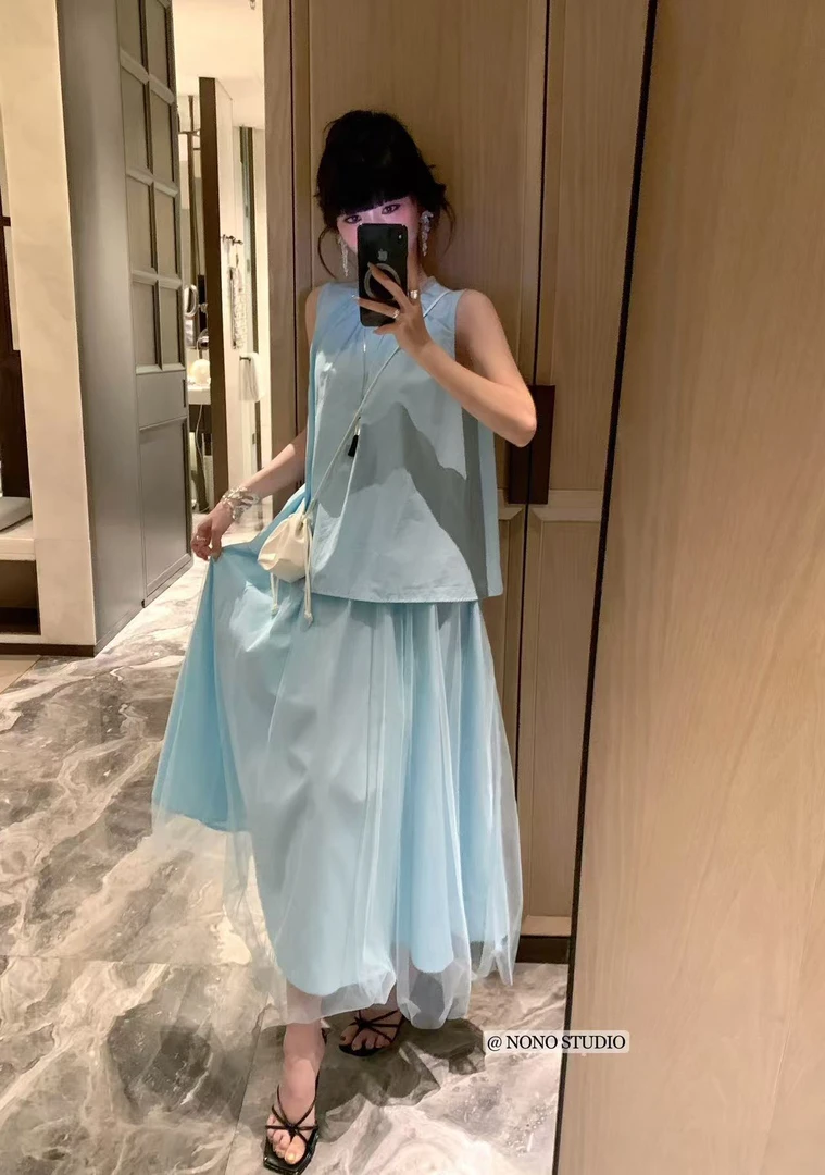 NONO@9721 简约甜美背心小衫+网纱拼接半身裙套装 6-11