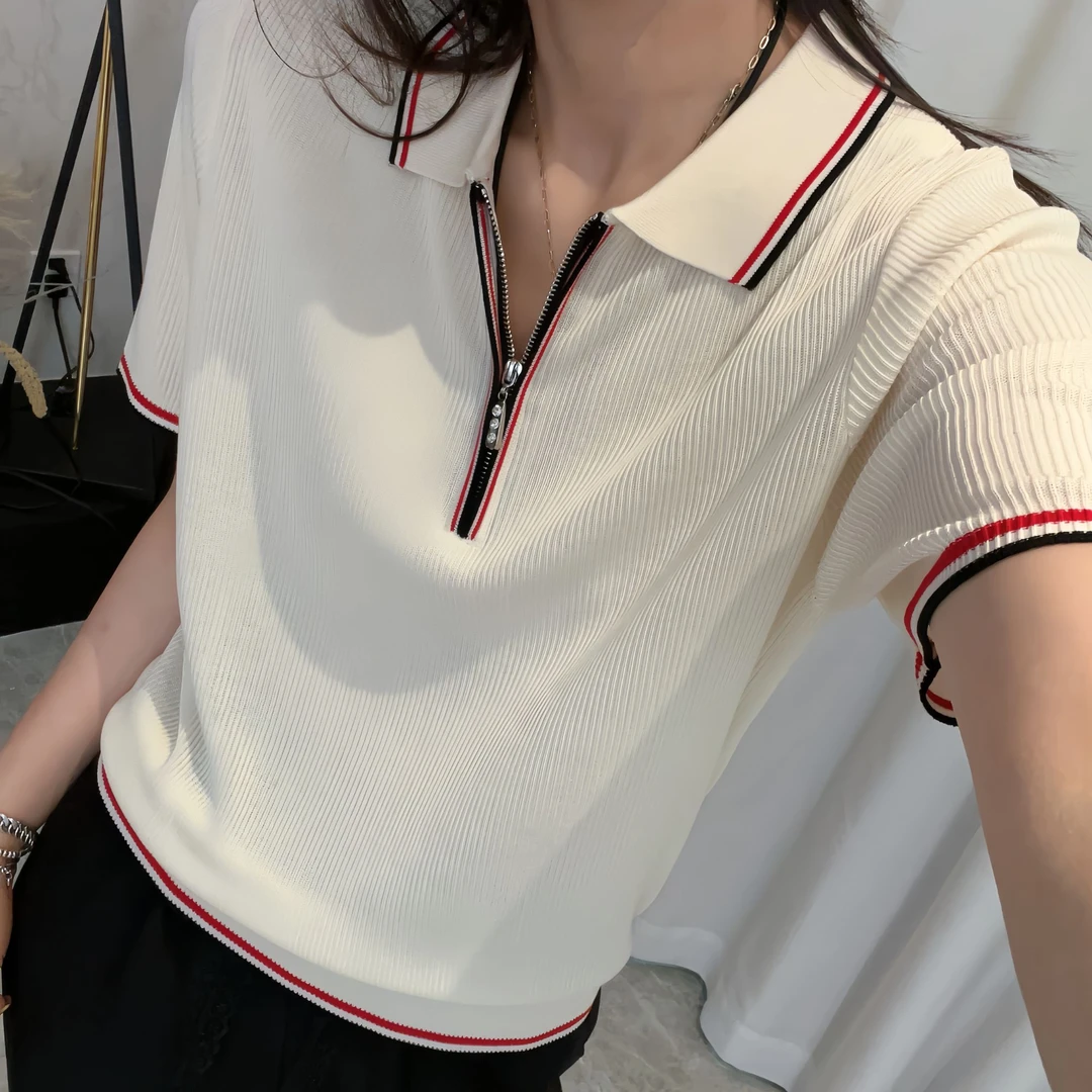 DHR COLLECTTIONS豆豆3 夏季薄款短袖彩边T恤POLO衫上衣女-DX1959