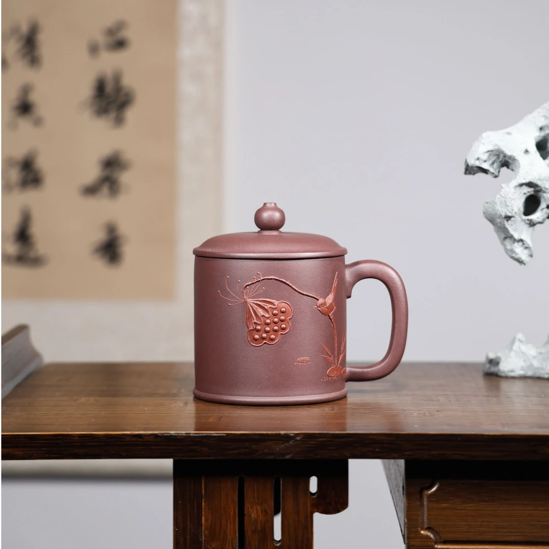 【一轩紫砂-莲蓬杯】深井紫泥 手工泥绘 宜兴原矿紫砂大容量手工杯