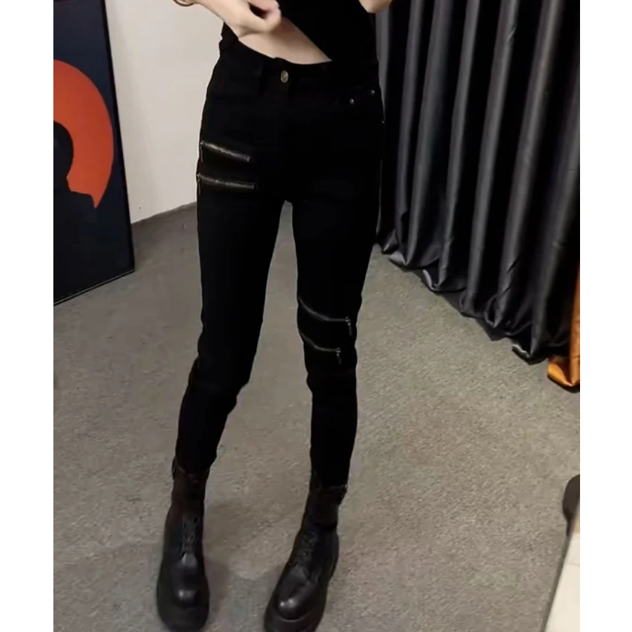 秋季新款修身弹力拉链小脚牛仔裤女大码胖妹妹美式机车显瘦铅笔裤