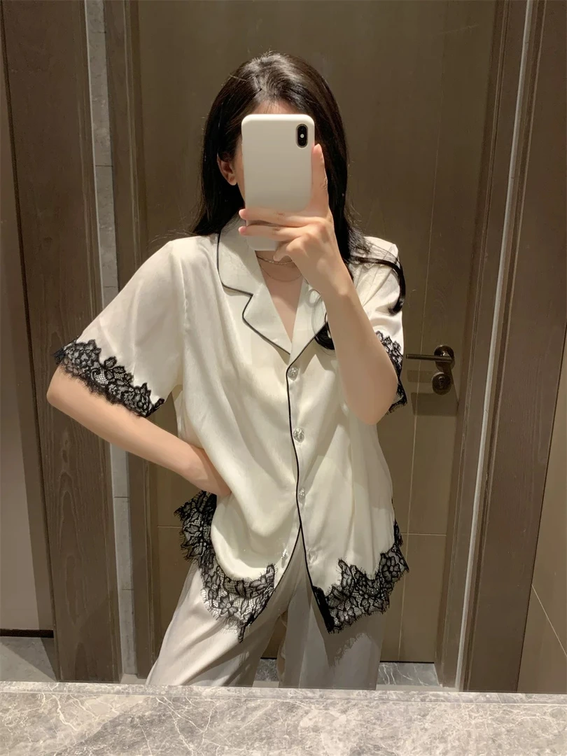 睡衣女款爆款2025新款夏季冰雪丝蕾丝短袖长裤春夏网红爆款家居服