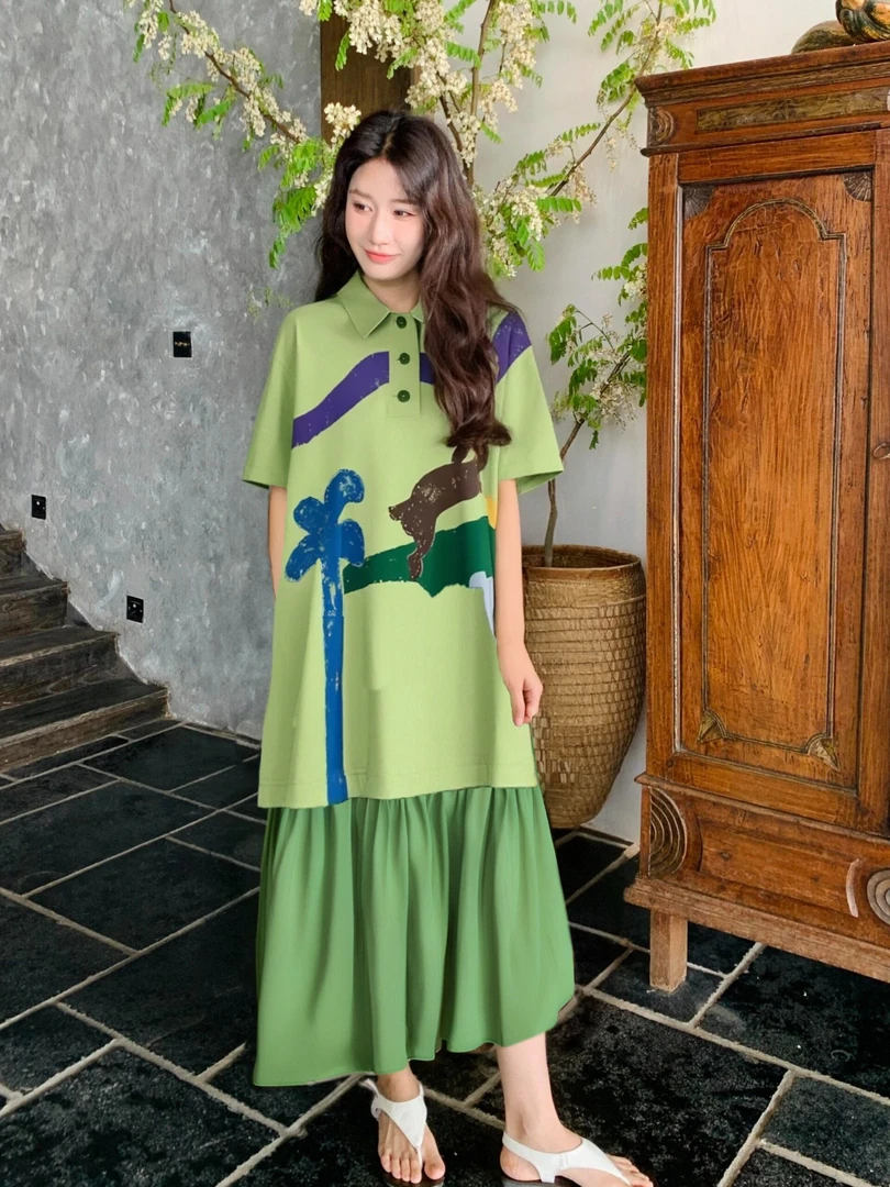 【小兔奔走】夏季撞色气质宽松显瘦休闲接拼印花轻奢女连衣裙.J0052