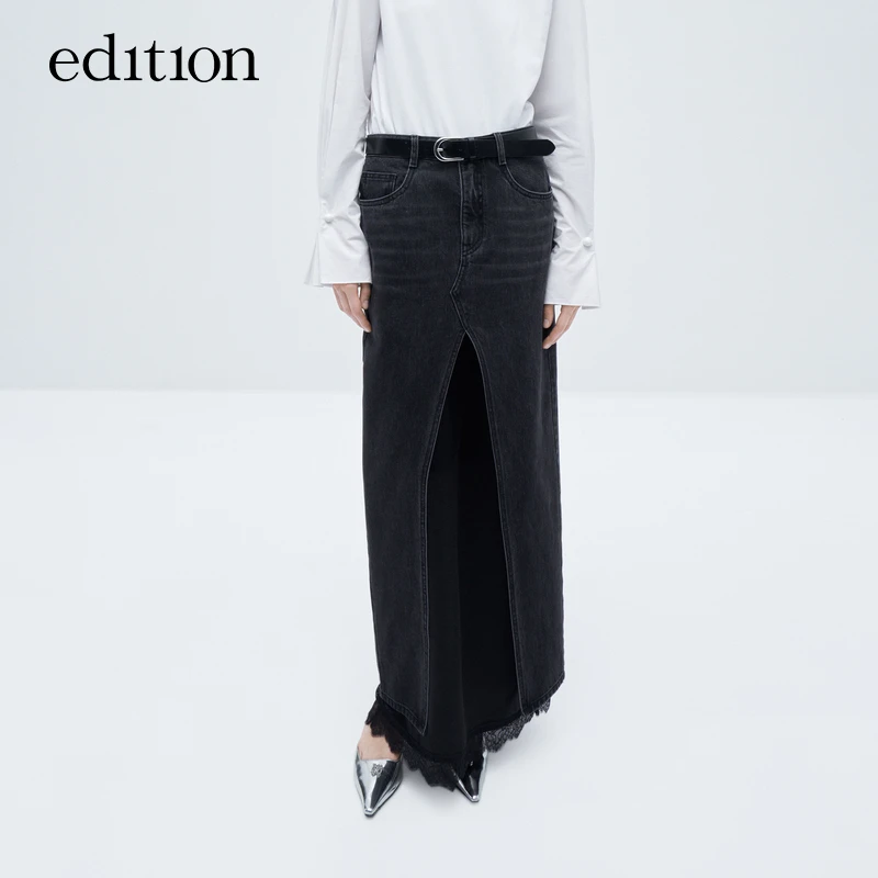 【金拐子专属】edition拼接蕾丝边牛仔长半裙#EBC4SKT023