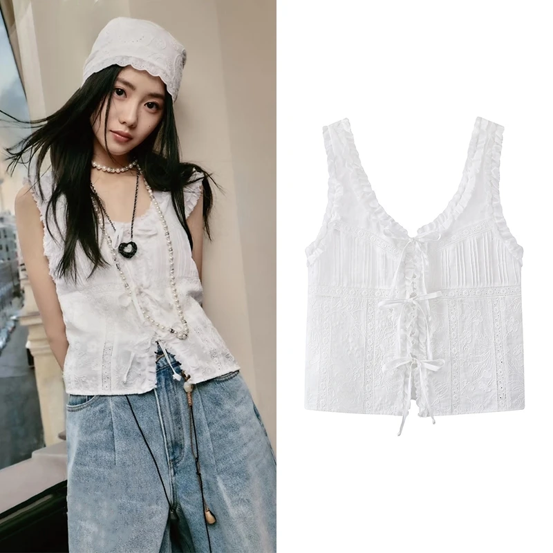 【衬衫】刘浩存明星同款衬衫2025夏季新款拼接花边无袖上衣女I6092