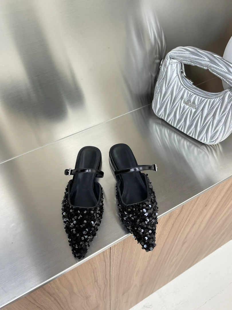 少女风亮片方跟包头平底包头拖仙女风时尚尖头小众气质夏季4273