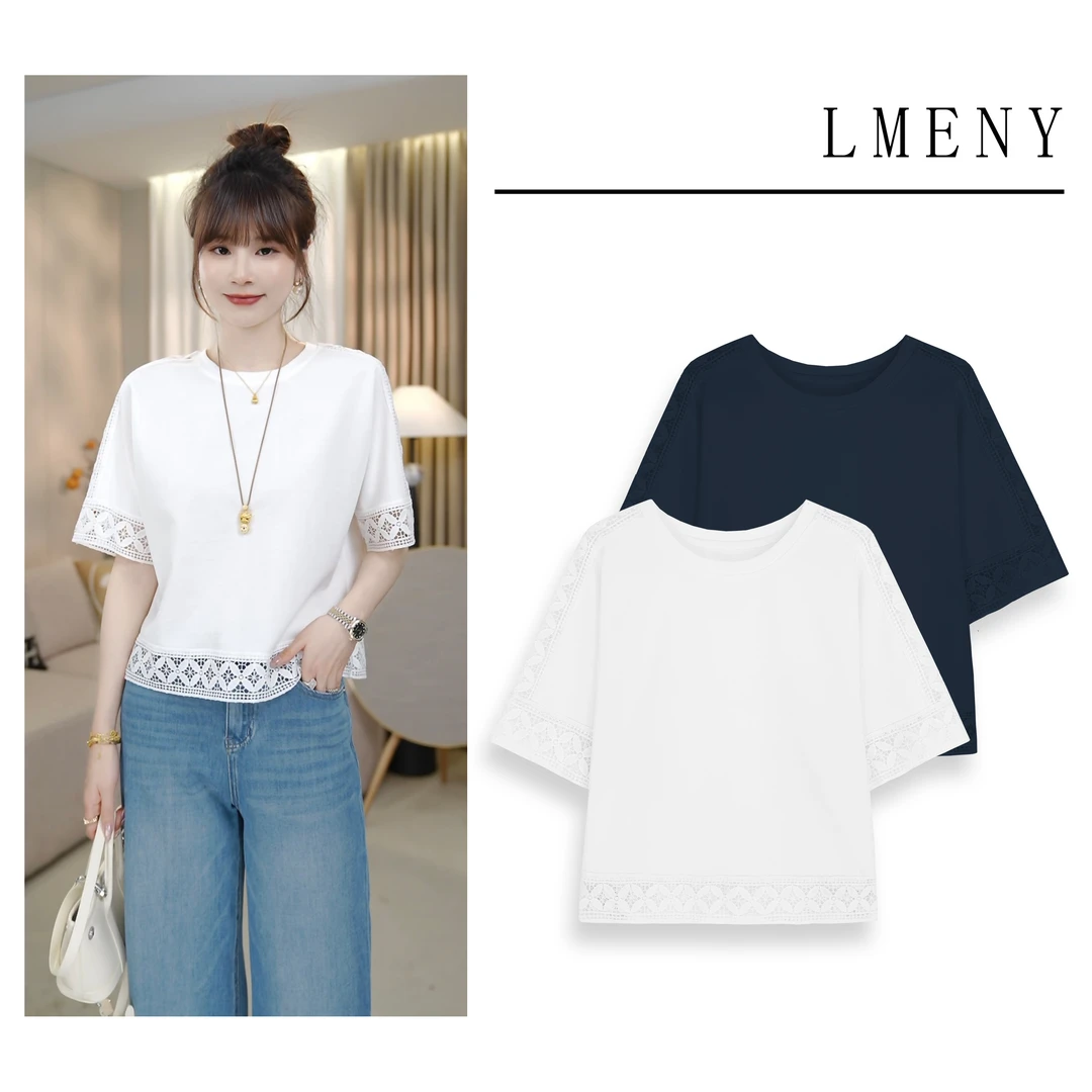 LMENY盛夏时光~拼接镂空花边圆领短袖T恤25BT017