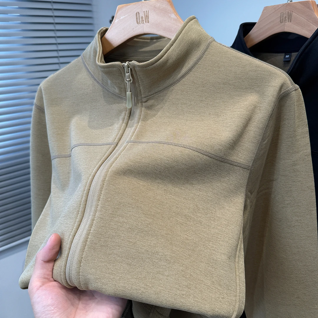 奥利绒运动休闲卫衣男加绒加厚秋冬季中年立领外套男开衫纯色半高