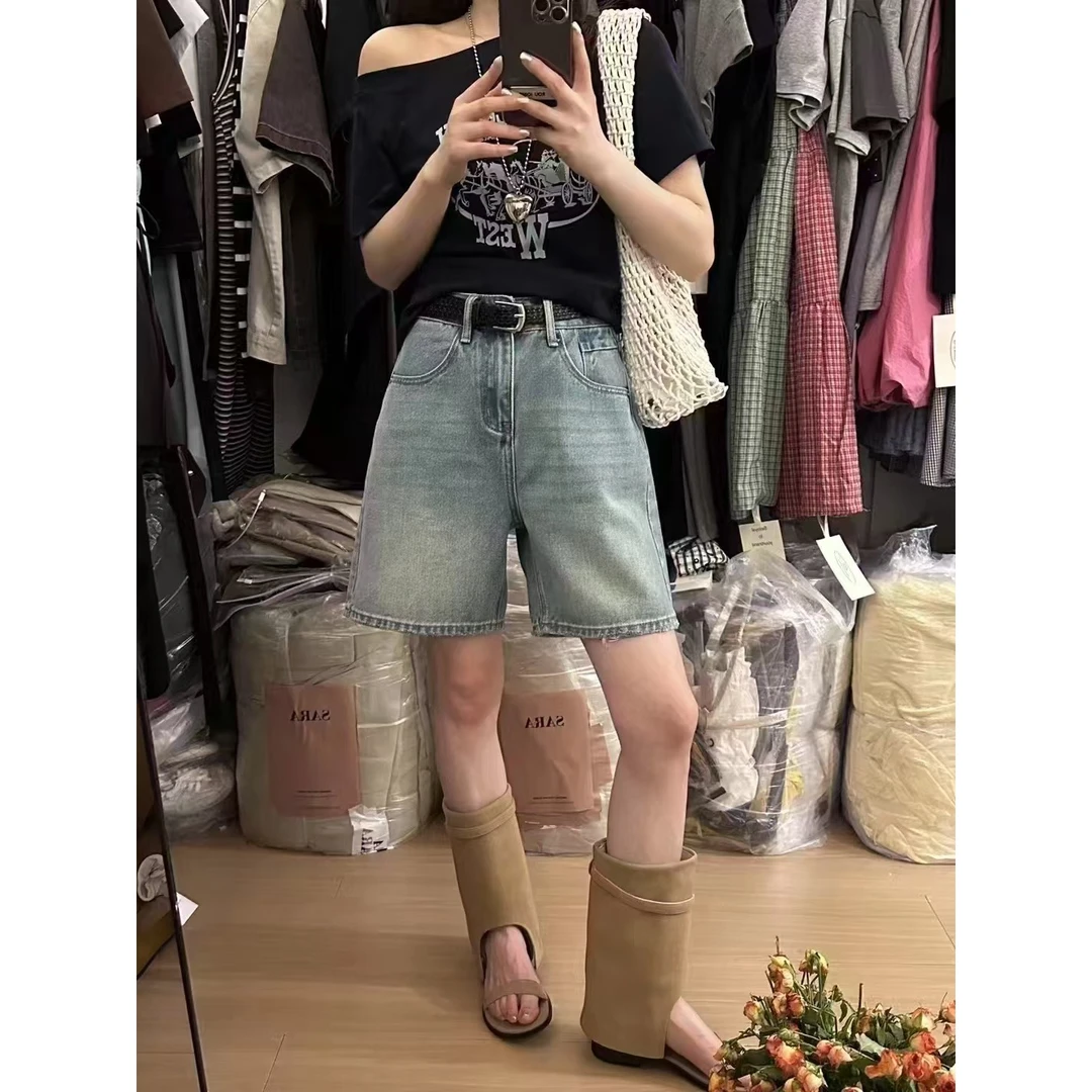 25279#尊嘟不挑人~韩版高腰磨破牛仔五分裤