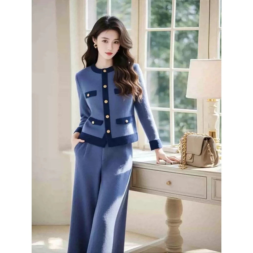 2025春季富家千金感穿搭高级感法式气质小香风蓝色毛衣裤子套装女