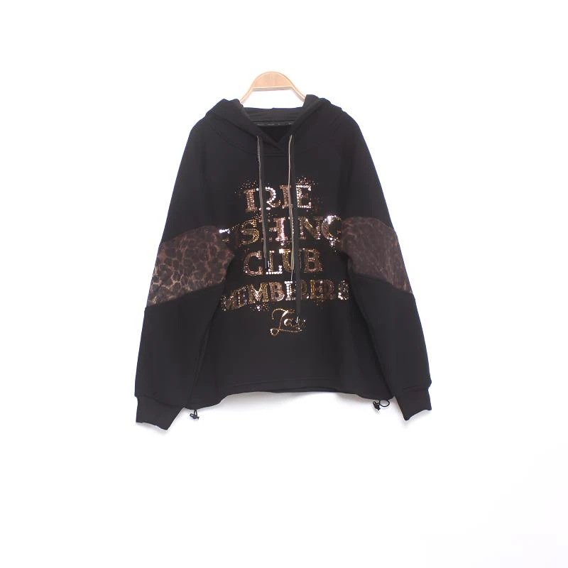 显瘦卫衣加绒加厚大码宽松休闲百搭字母重工烫钻时尚潮牌拼接豹纹