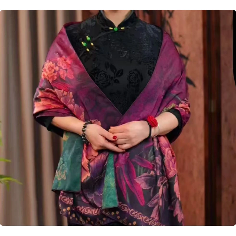 S2027【紫玉牡丹】70*180新中式龟裂纹轻奢高定丝巾