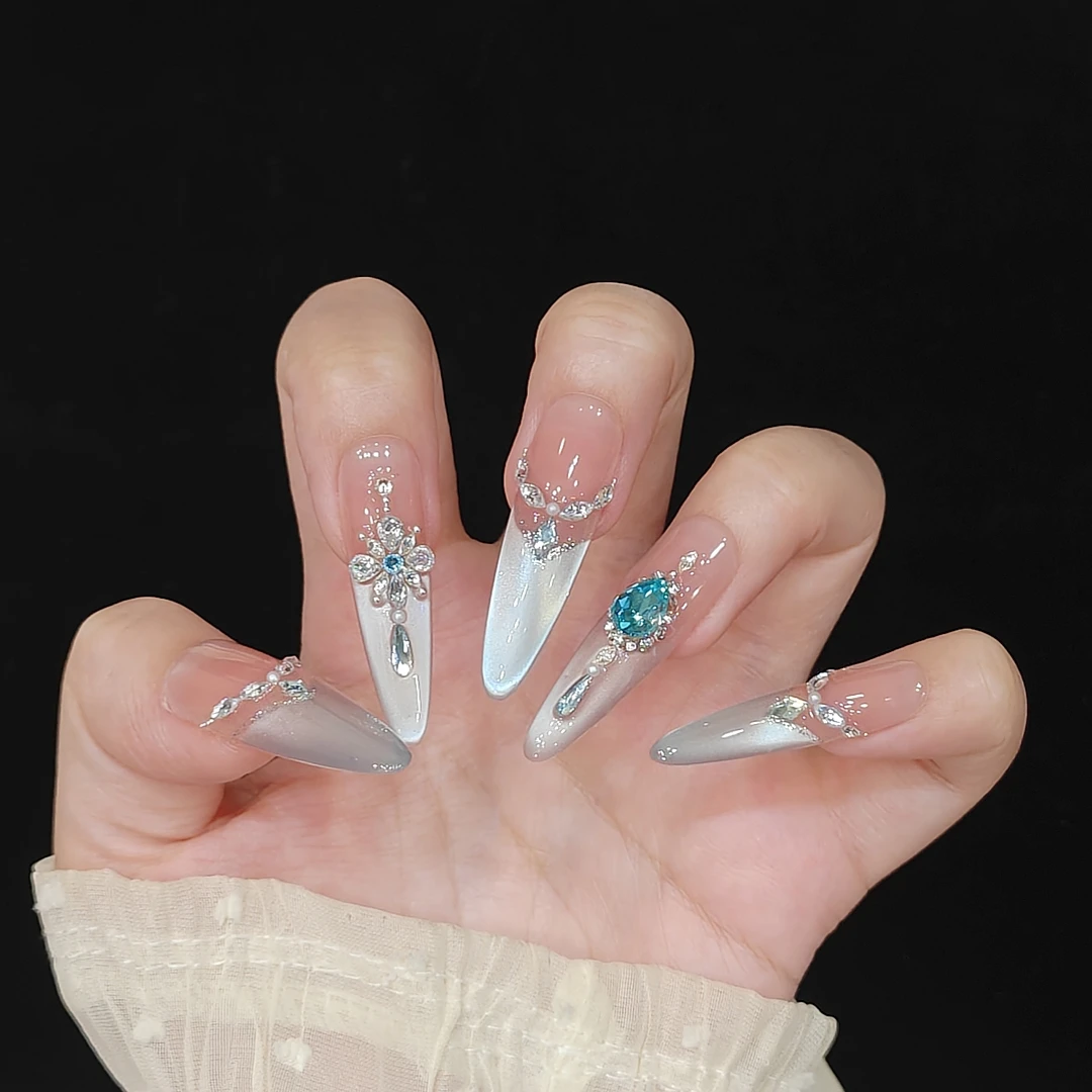 【破碎海】x纯手工穿戴美甲猫眼光疗立体锆石钻爆闪蹦迪满钻