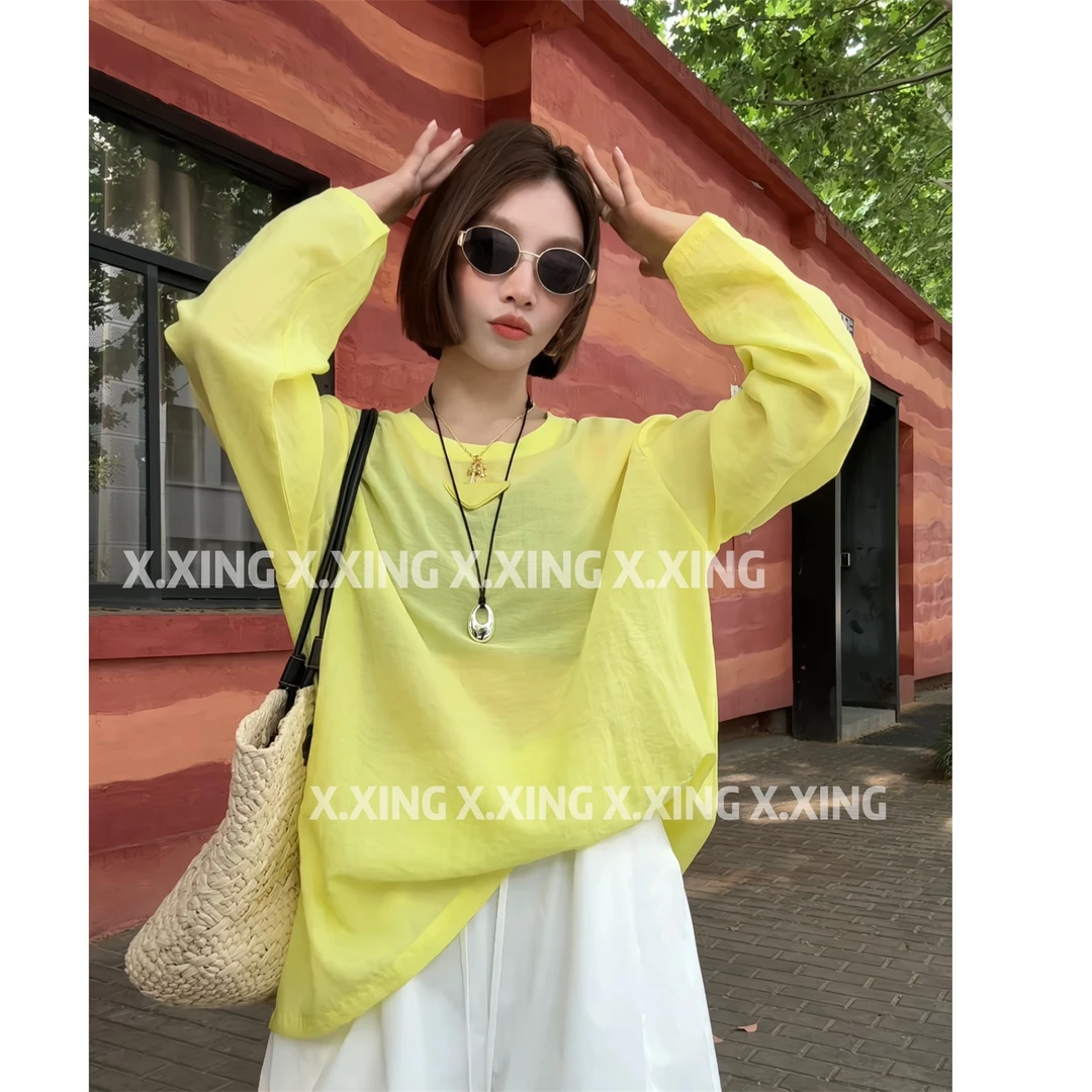 X.x.夏季新款欧货圆领纯色百搭宽松显瘦长袖衬衫女C32-2080