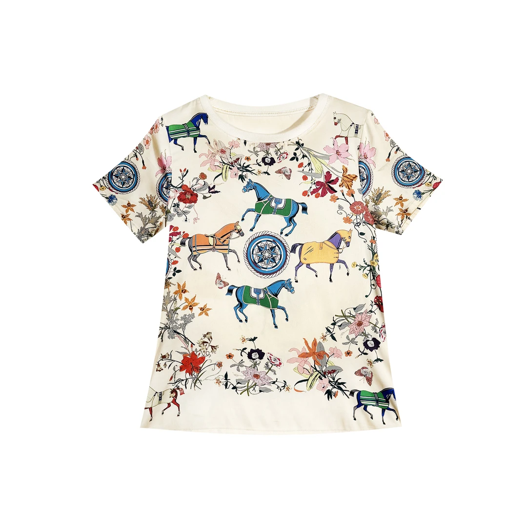 【港嘉乐】香槟小马弹力桑蚕丝香槟色时尚轻奢气质定位印花T恤女