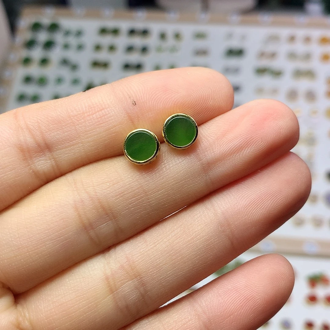 银S925镀金镶嵌和田玉（碧玉）耳饰