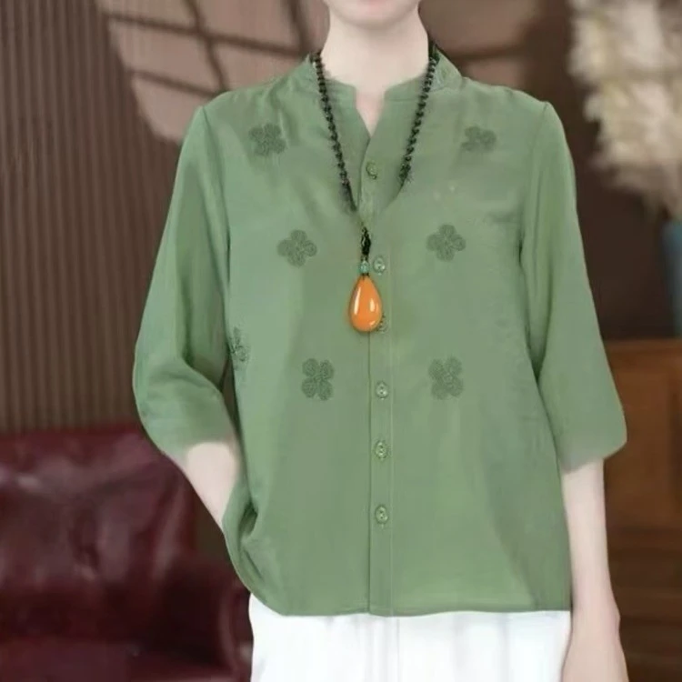 新款宽松夏季夏季中式女V领上衣绣花复古衬衫中国风小衫上衣刺绣