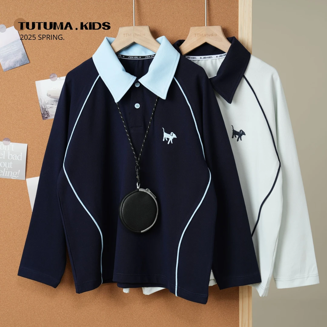 现货图图妈【美式校园】男女童撞色Polo衫翻领长袖春秋款中大童上衣