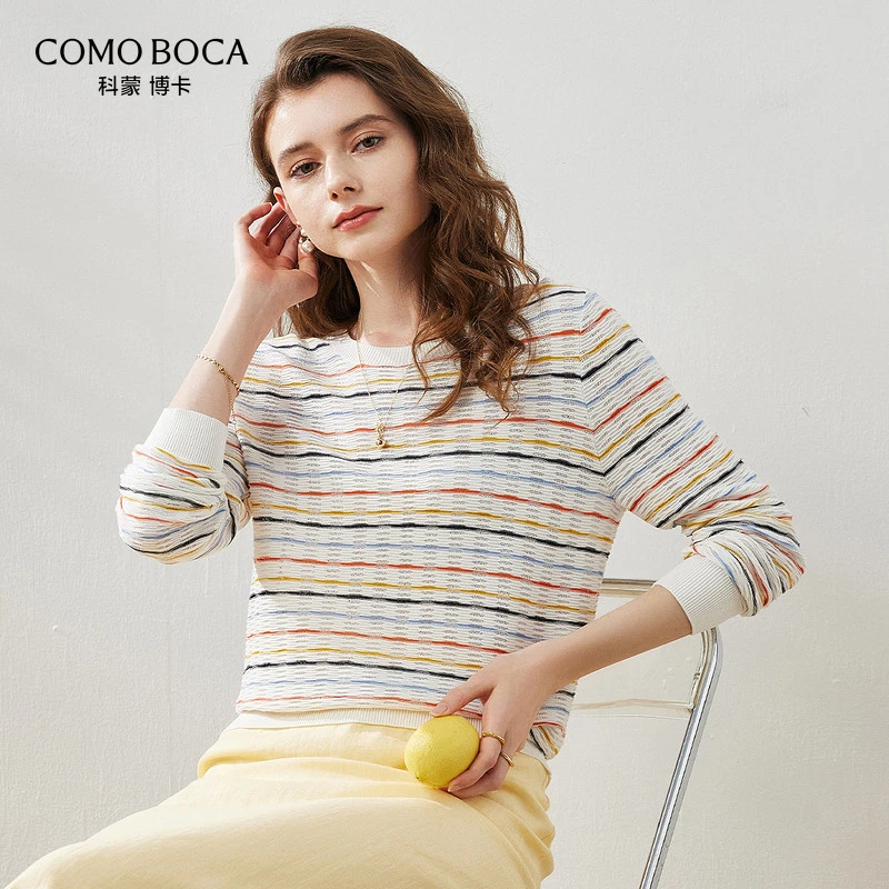 COMOBOCA/科蒙·博卡条纹桑蚕丝针织圆领慵懒镂空T恤打底衫KST1065