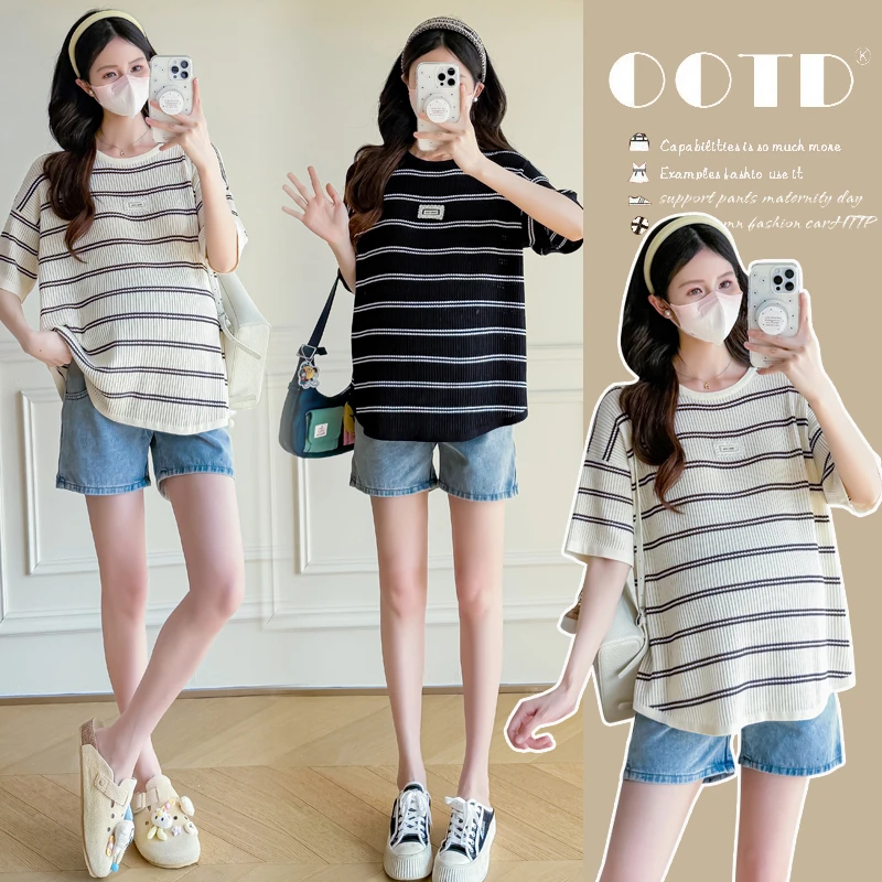 孕妇夏装时尚新款短袖针织圆领条纹孕妇上衣宽松时尚百搭孕妇上衣