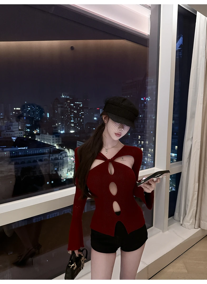 娇媚姐姐 纯欲风辣妹性感镂空修身针织上衣高腰显瘦百搭短裤套装