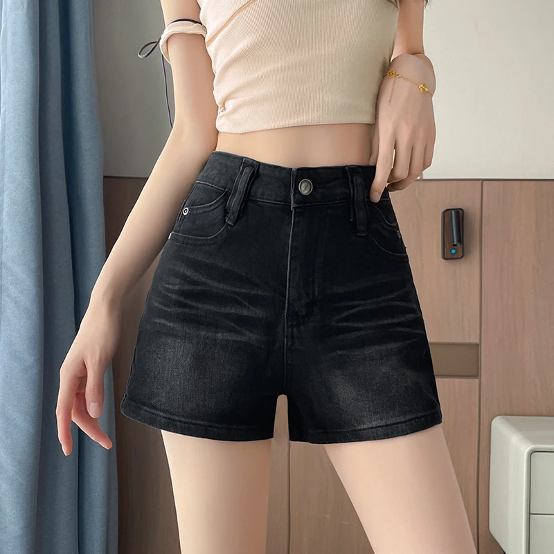 YZY高腰牛仔短裤女2025新款夏季波纹洗水A字显瘦百搭辣妹热裤子